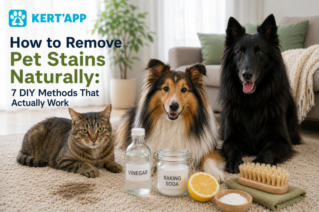 Belgian Groenendael dog, Shetland Sheepdog, and street cat with natural DIY pet stain cleaning ingredients including vinegar and baking soda in a modern home.