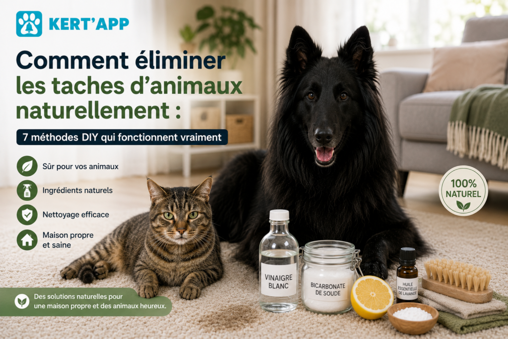 Un Berger Belge Groenendael et un chat tigré sont allongés dans un salon moderne à côté de vinaigre blanc, de bicarbonate de soude et d'autres ingrédients naturels pour éliminer les taches d'animaux, avec le logo KERT'APP.