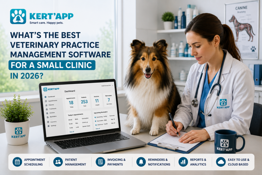 Veterinarian using KERT'APP veterinary practice management software on a laptop beside a Shetland Sheepdog in a modern veterinary clinic, showcasing the best software solution for small veterinary clinics in 2026 with appointment scheduling, patient management, invoicing, reminders, analytics, and cloud-based features.