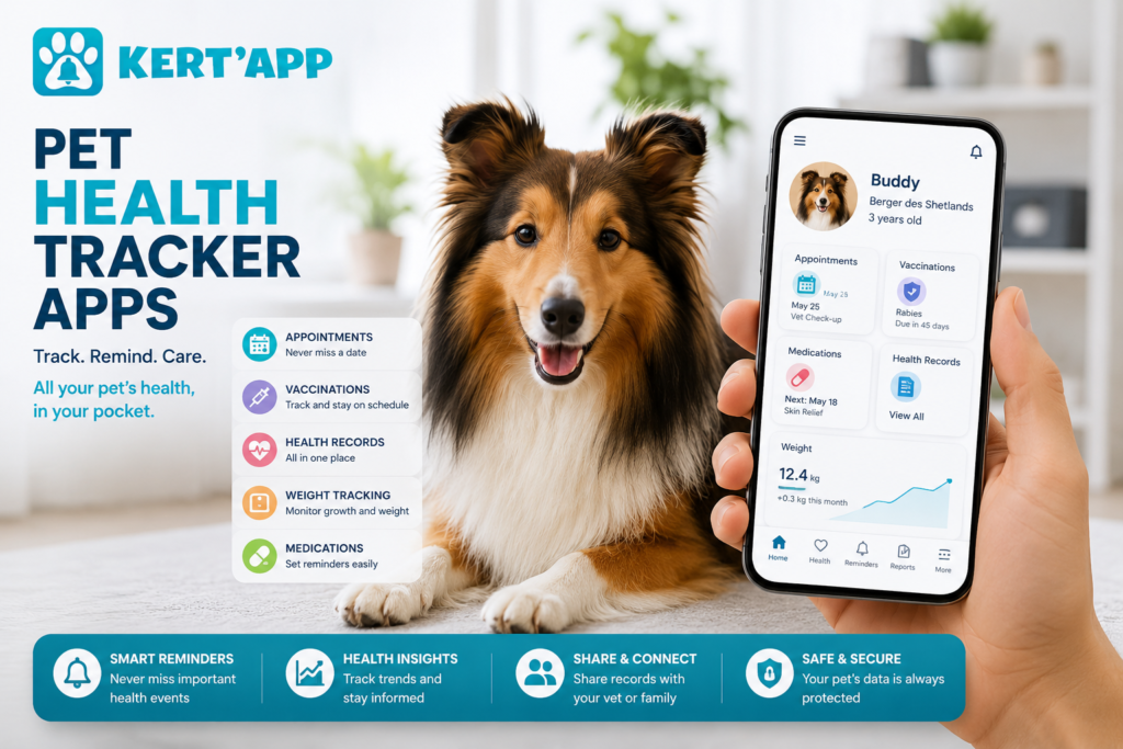 KERT'APP pet health tracker app displayed on a smartphone beside a Berger des Shetlands