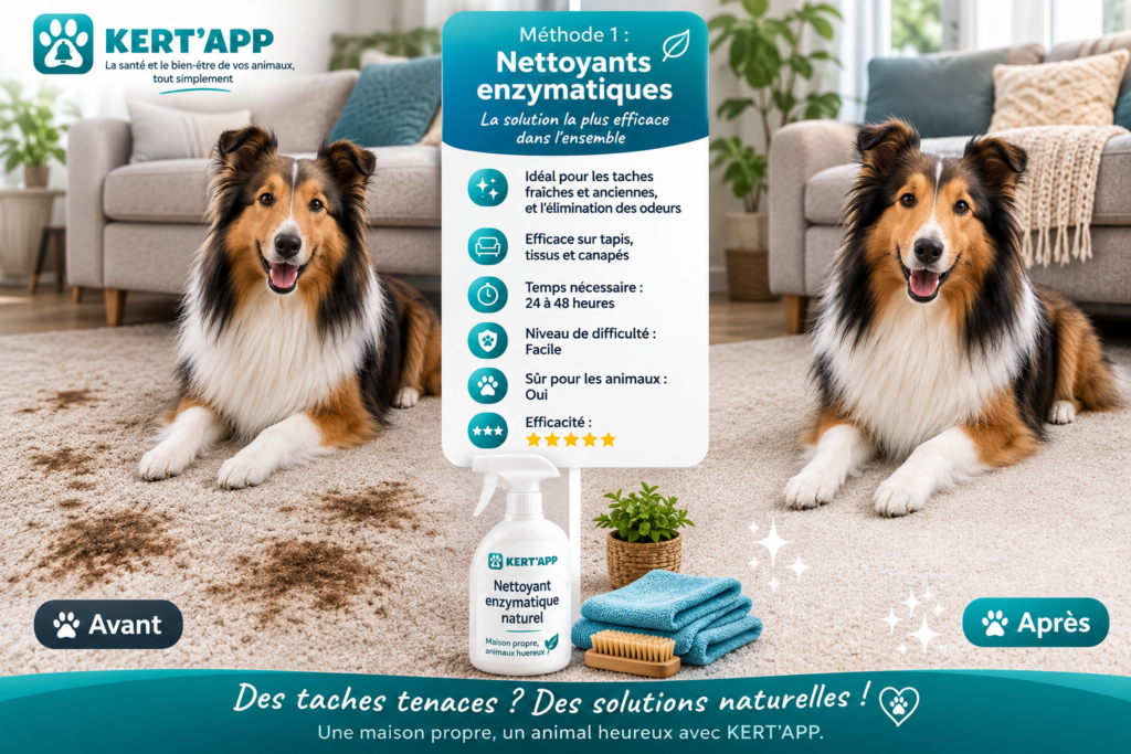 Remove pet stains naturally from carpet using vinegar and baking soda while a Belgian Tervuren dog rests beside eco-friendly cleaning supplies.