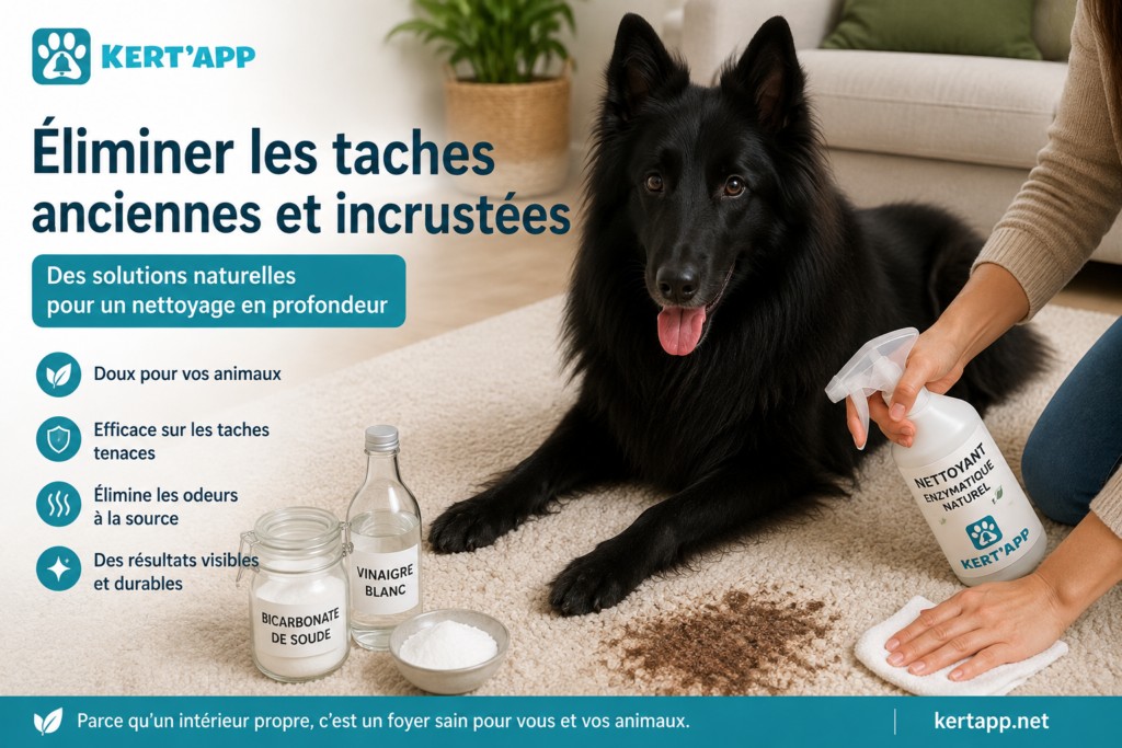 Remove pet stains naturally from carpet using vinegar and baking soda while a Belgian Tervuren dog rests beside eco-friendly cleaning supplies.