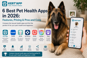 Belgian Shepherd Tervueren with a pet health app on a smartphone, comparing the 6 best pet health apps in 2026
