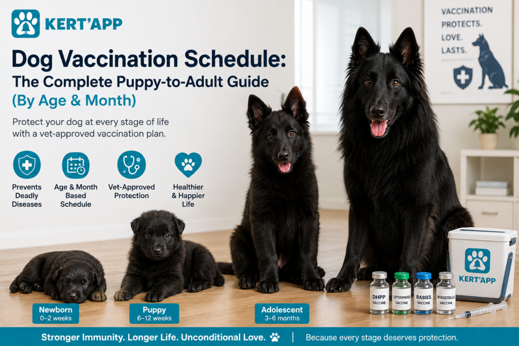 Dog vaccination schedule guide showing puppies and adult dogs with DHPP, rabies, leptospirosis, and Bordetella vaccines