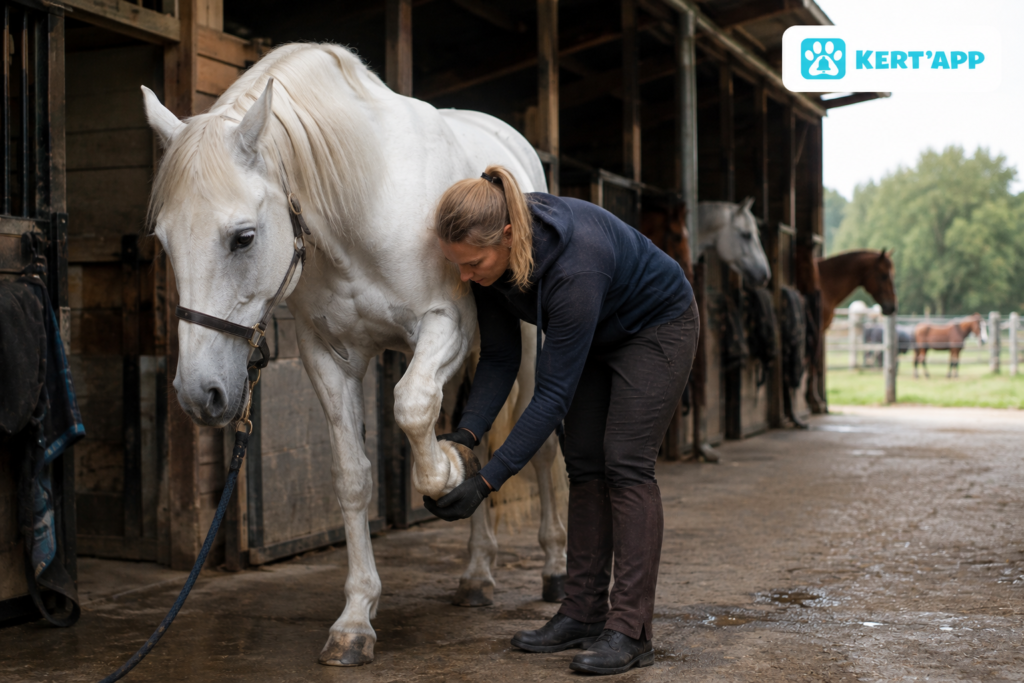 Arabian horse receiving professional hoof care in a green field