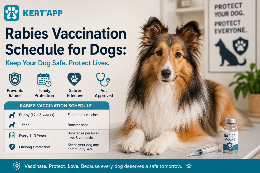 Rabies vaccination schedule for dogs showing a puppy timeline, booster shots, and lifelong protection