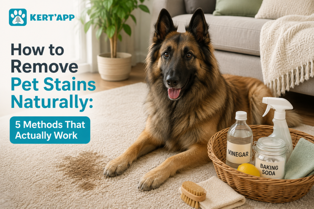 Remove pet stains naturally from carpet using vinegar and baking soda while a Belgian Tervuren dog rests beside eco-friendly cleaning supplies.