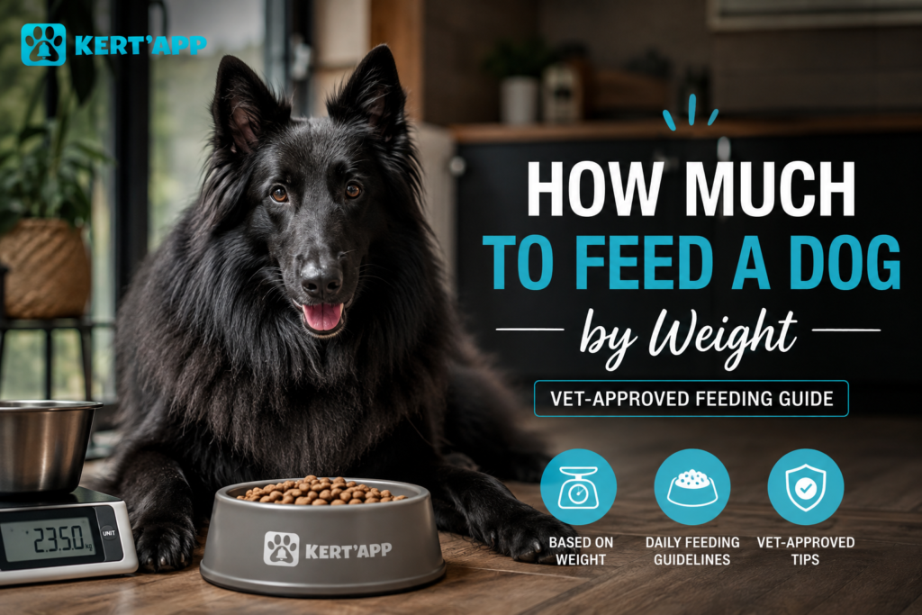 How Much to Feed a Dog by Weight – Berger Belge Groenendael with food bowl, digital scale, and vet-approved feeding guide by KERT'APP