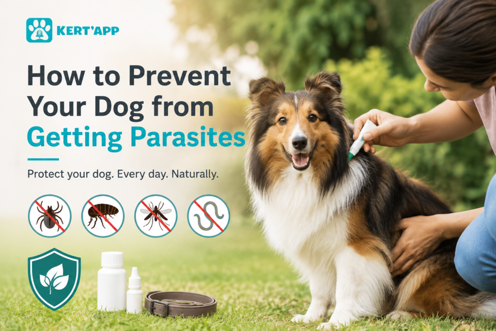 Dog parasite prevention featuring a Shetland Sheepdog receiving topical parasite treatment with KERT'APP pet health management.