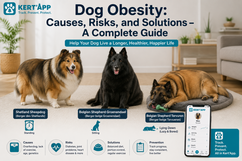 Dog obesity guide featuring overweight Shetland Sheepdog, Belgian Shepherd Groenendael, and Belgian Shepherd Tervueren dogs with Kert’App health tracking Obesity in Dogs