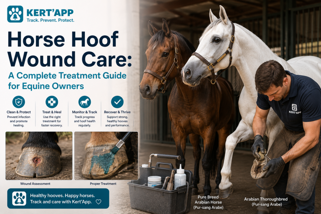 Horse hoof wound care for purebred Arabian horses during professional treatment