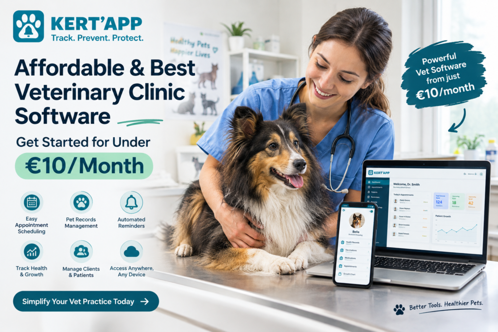 Affordable veterinary clinic software for under €10 per month with pet records, appointment scheduling, and health tracking vet clinic
