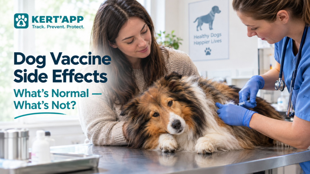 Veterinarian giving a vaccine to a calm Shetland Sheepdog while the owner comforts the dog